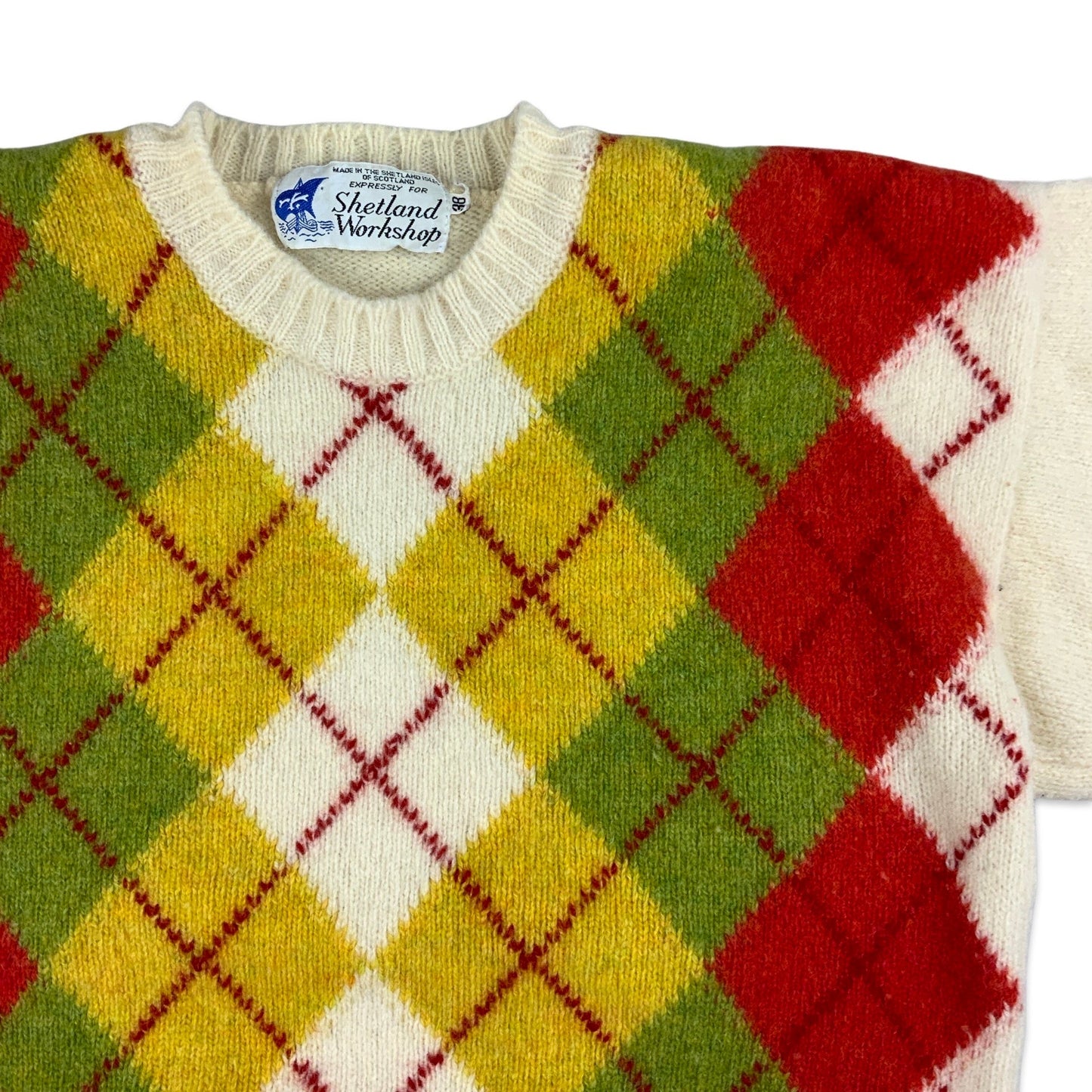 Vintage 90s Argyle White Yellow Orange & Green Knit Wool Jumper 12 14