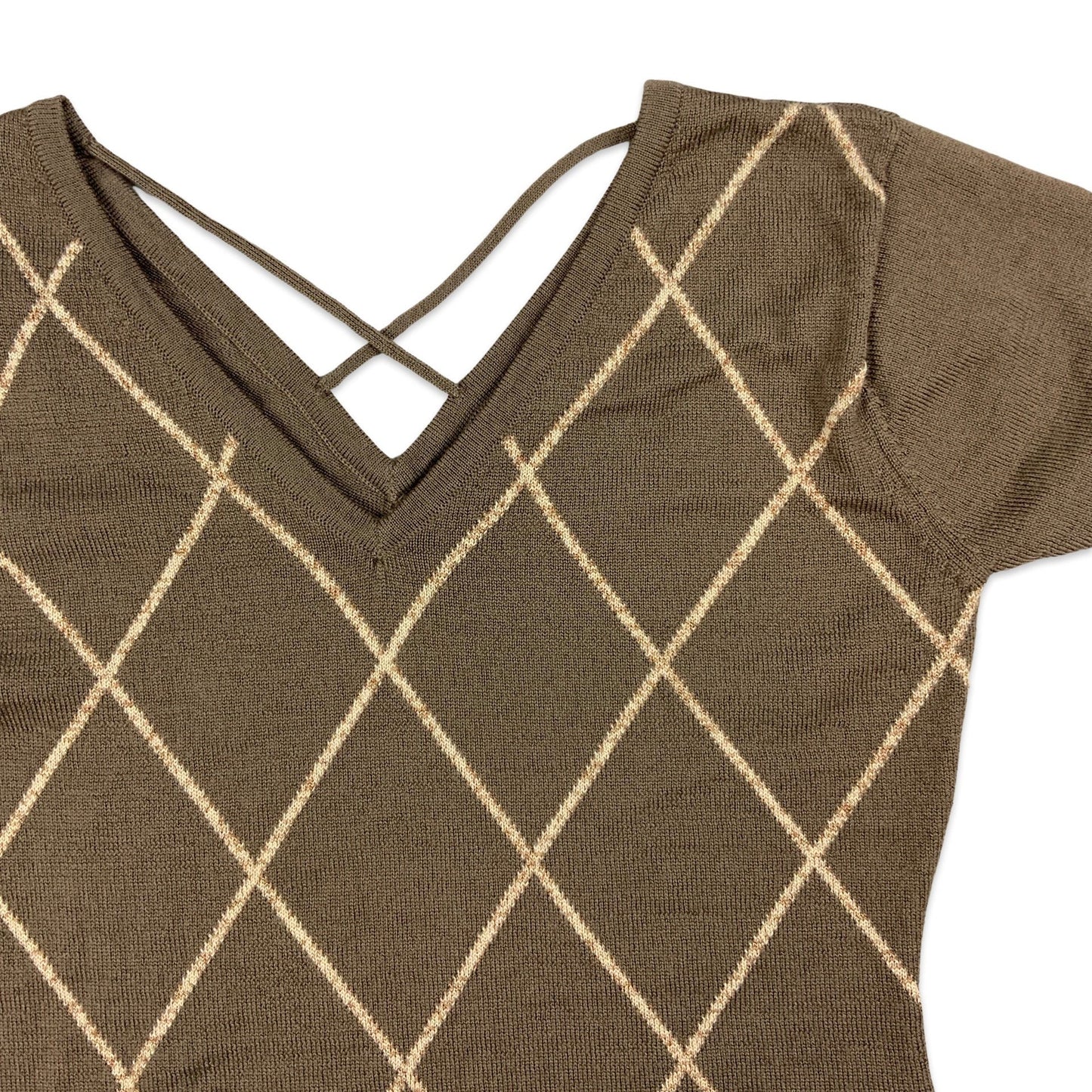 Vintage Brown & Beige Diamond Stripe Short Sleeve Knit Jumper 4 6 8