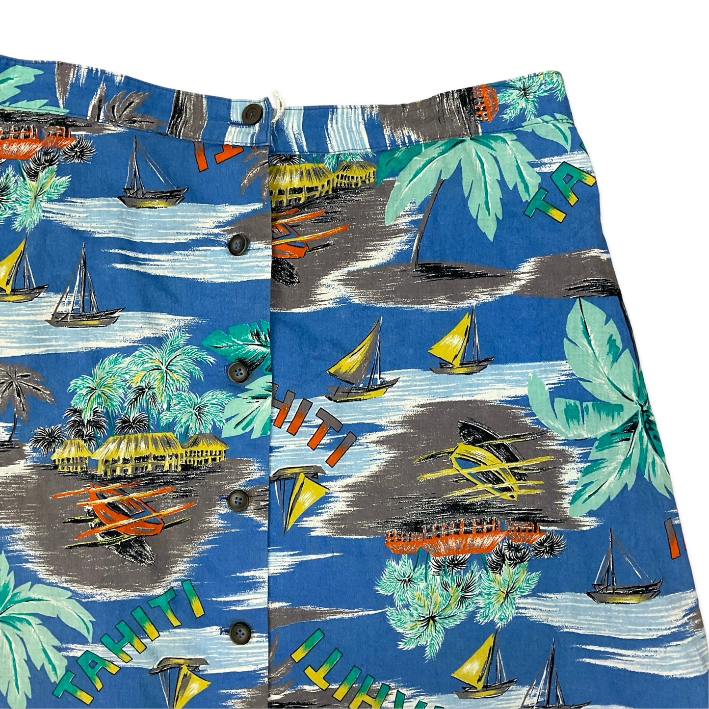 Vintage "Tahiti" Tropical Print Button-up A-line Midi Skirt 18