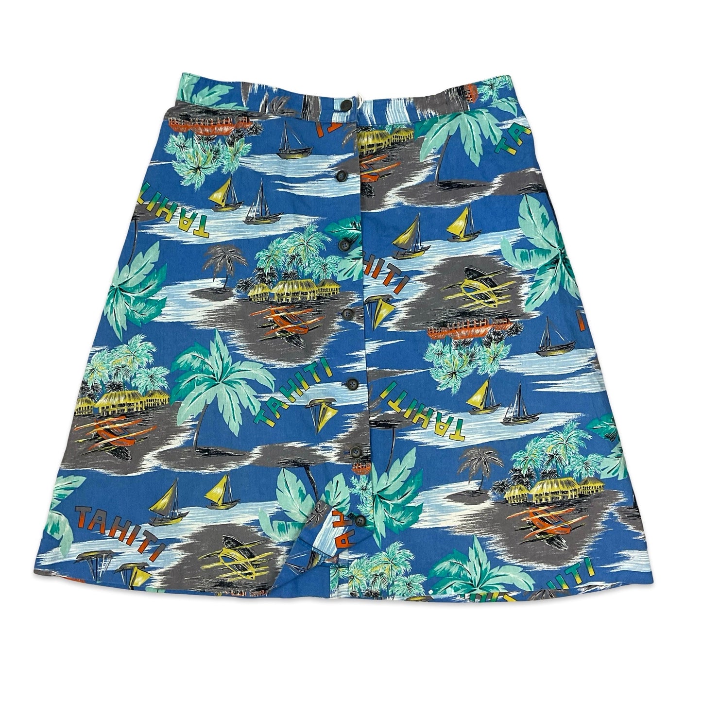 Vintage "Tahiti" Tropical Print Button-up A-line Midi Skirt 18