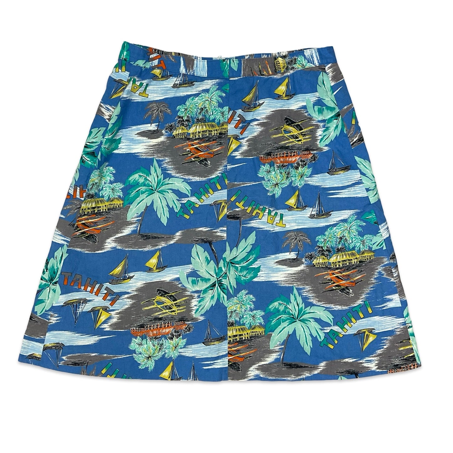 Vintage "Tahiti" Tropical Print Button-up A-line Midi Skirt 18
