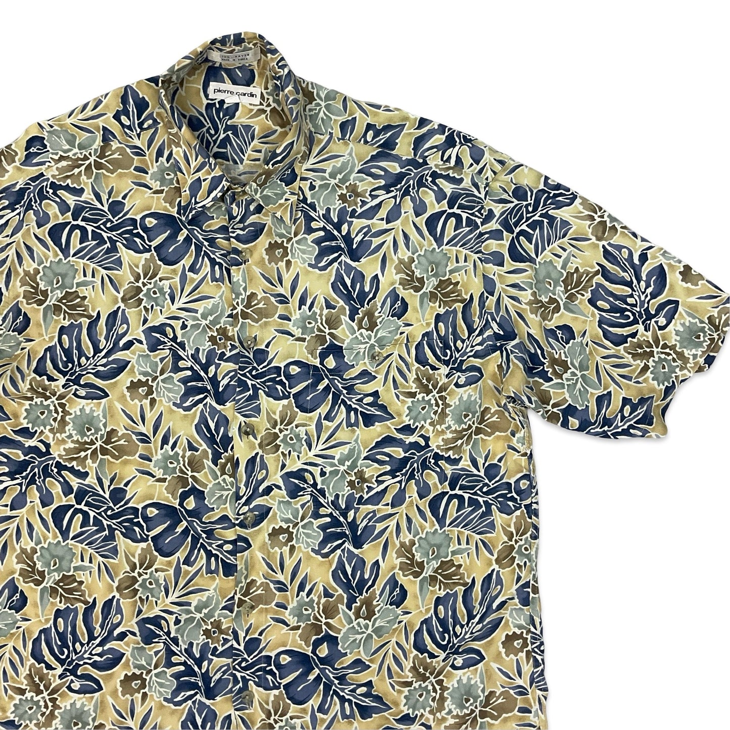 Vintage 1990s/00s Pierre Cardin Yellow & Navy Botanical Print Shirt M L