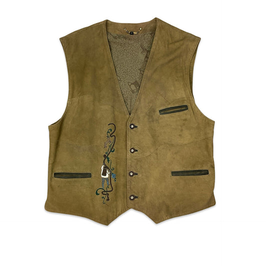 Vintage Alpine Style Leather Waistcoat L XL