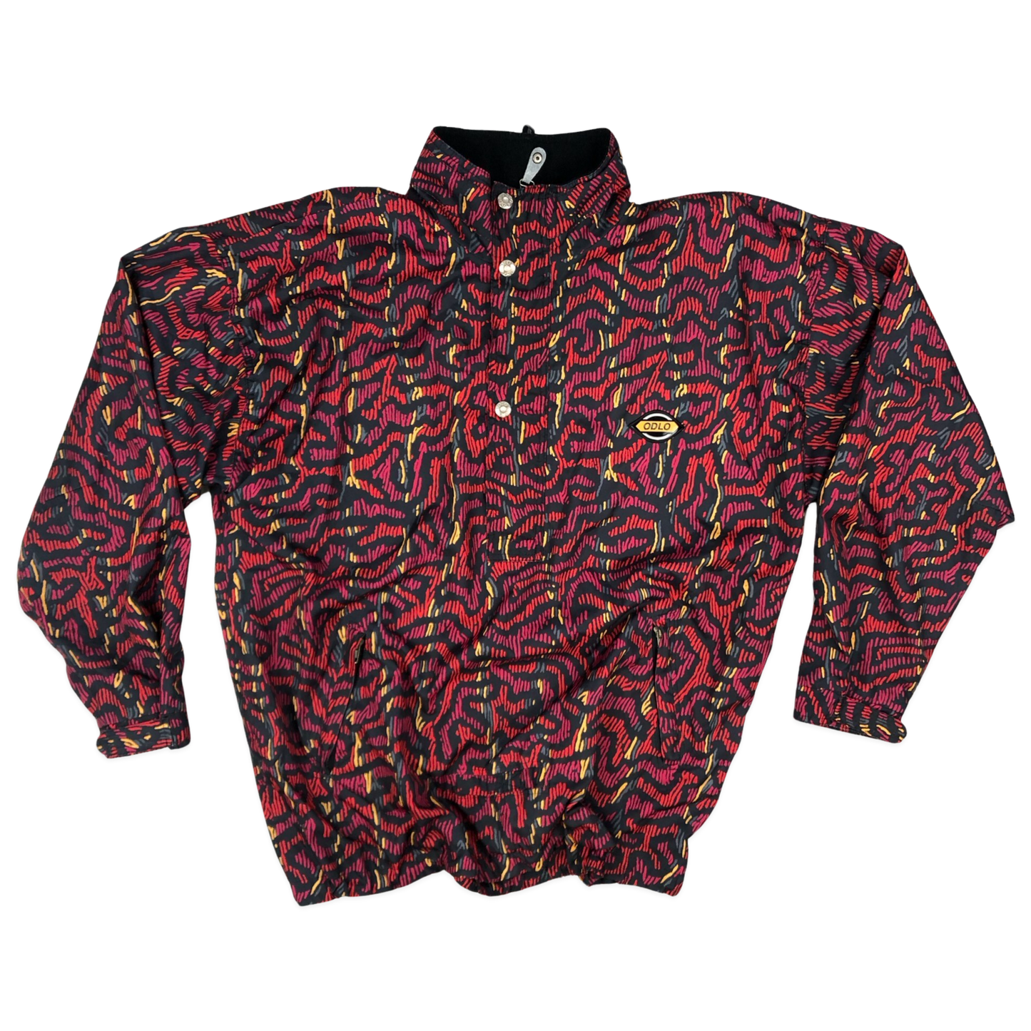 Vintage 80s 90s Crazy Pattern Black & Red Pullover Windbreaker Jacket