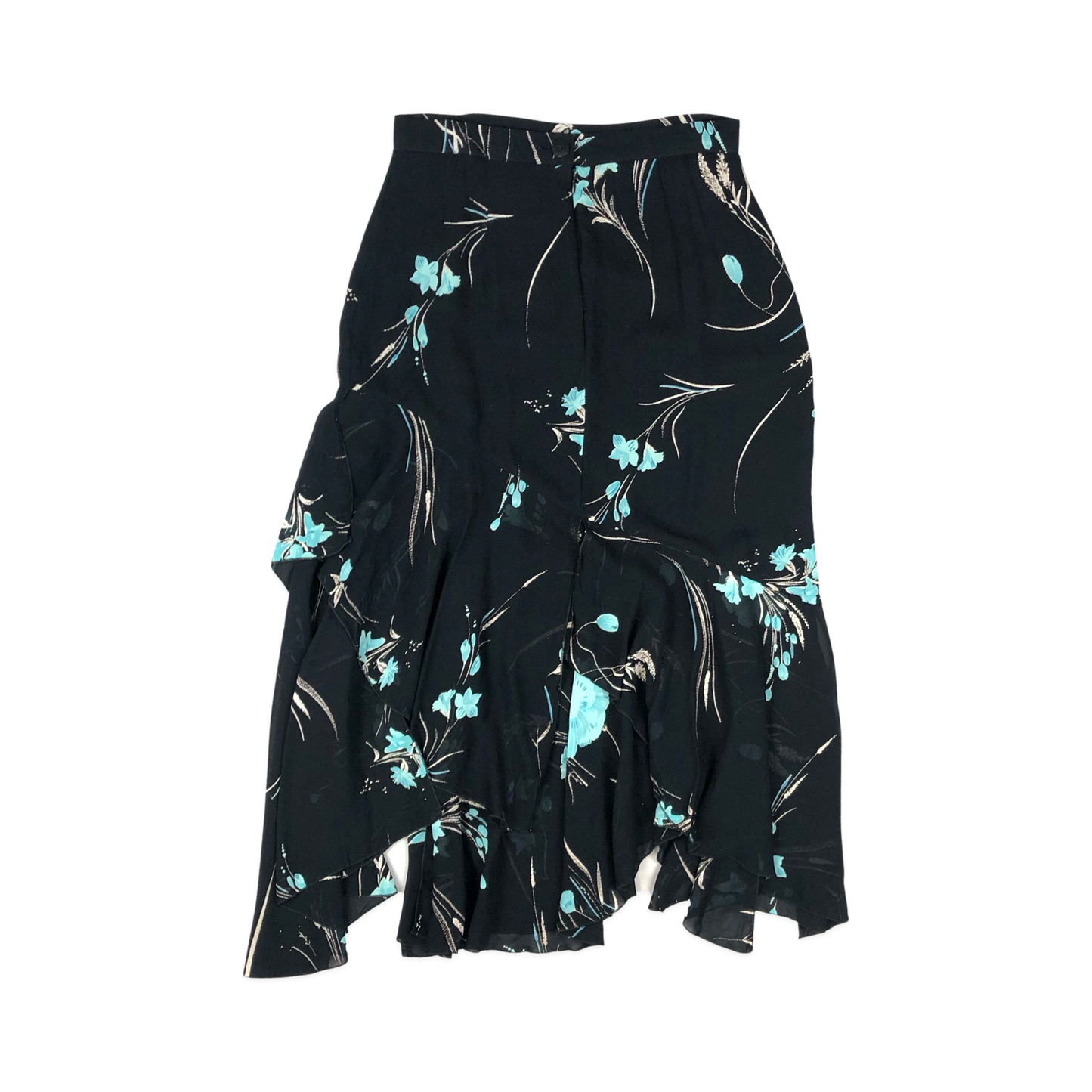 Vintage 90s Y2K Floral Print Black Asymmetric Hem Midi Skirt 10