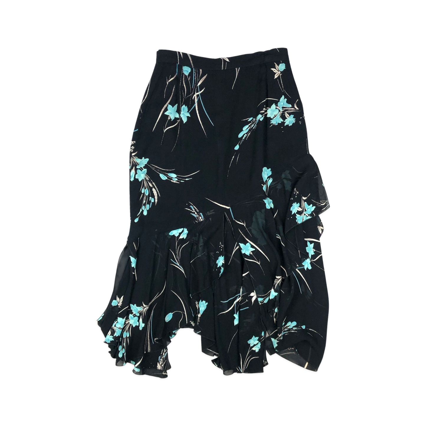 Vintage 90s Y2K Floral Print Black Asymmetric Hem Midi Skirt 10