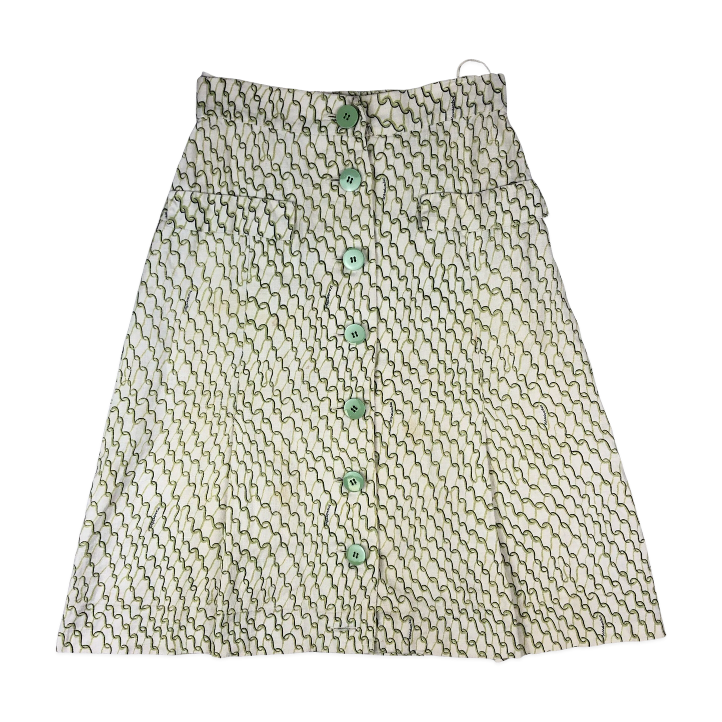 Vintage 60s 70s Green and White Abstract Print Button-up Linen Skirt 4