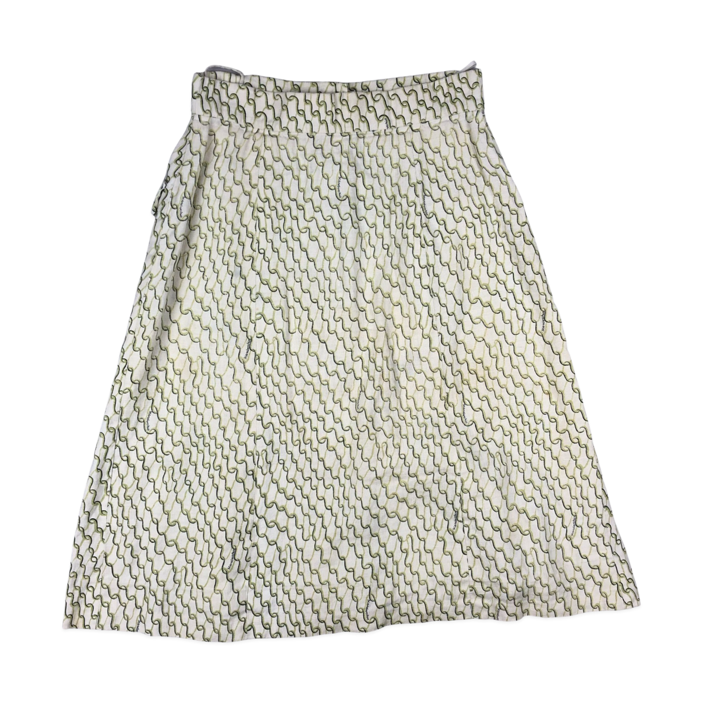 Vintage 60s 70s Green and White Abstract Print Button-up Linen Skirt 4