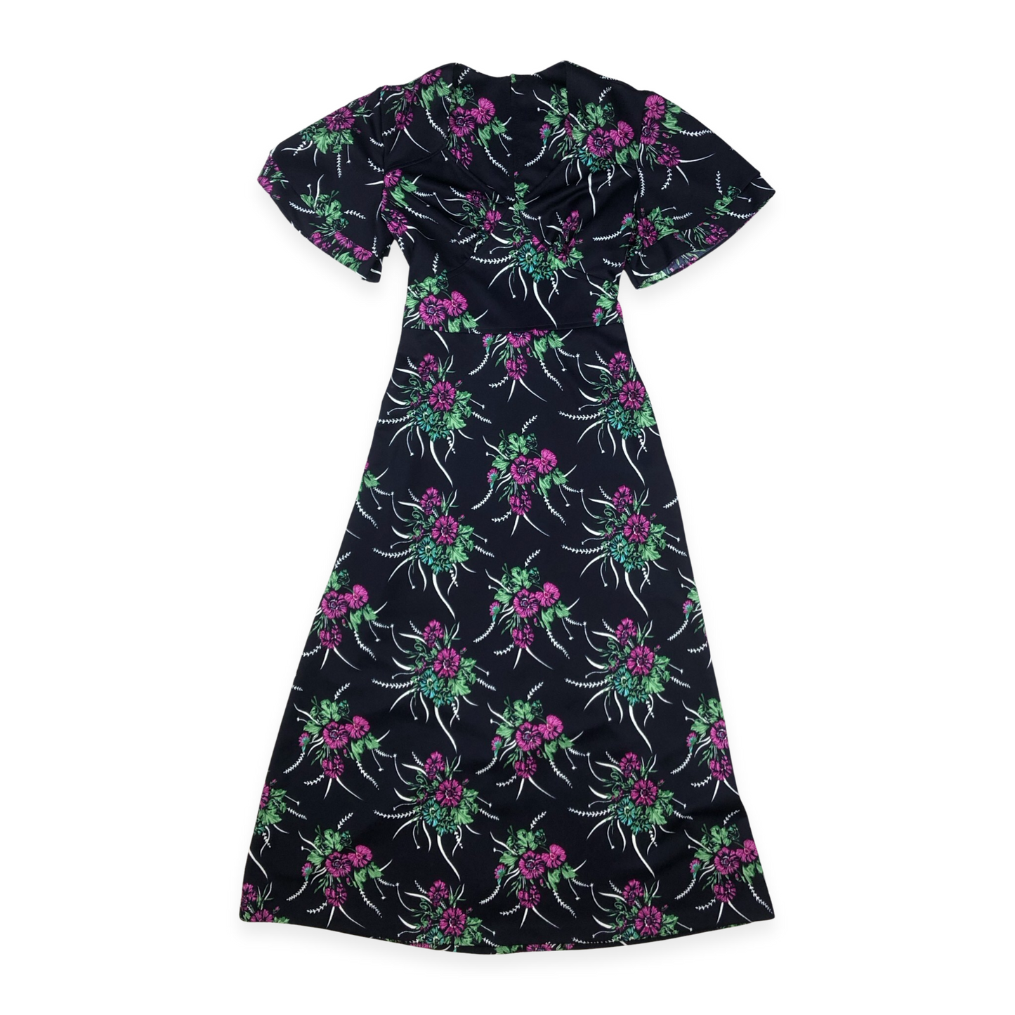 Vintage 60s 70s Black Floral Print A-line Dress 12