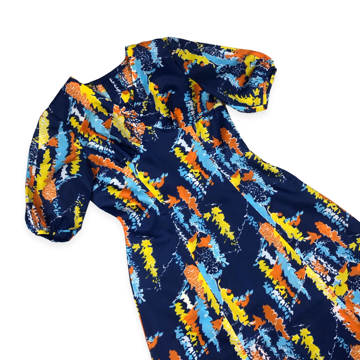 Vintage 70s Blue Abstract Print A-line Maxi Dress 12