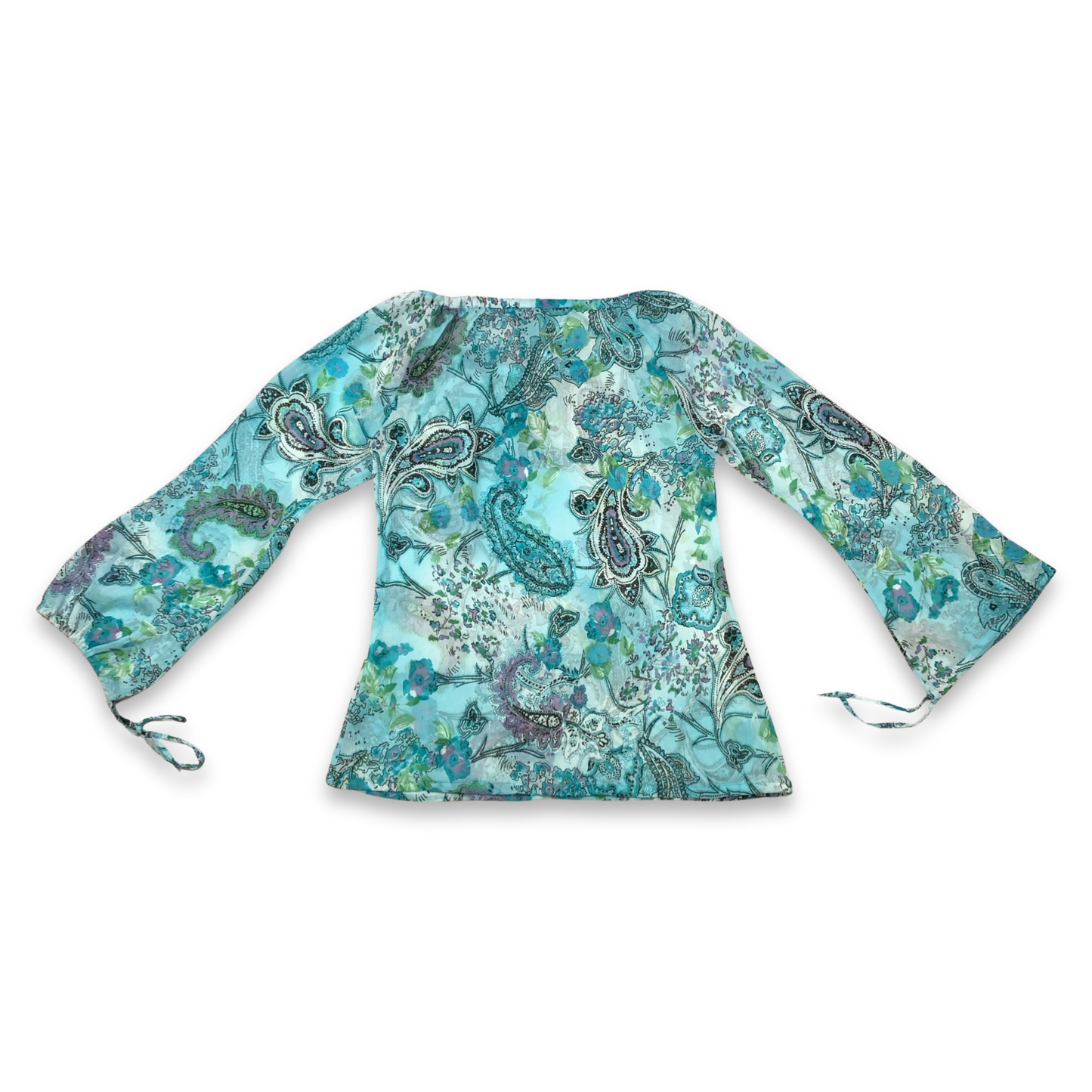 Vintage Y2K Turquoise Paisley Print Long Sleeve Mesh Top 10 12