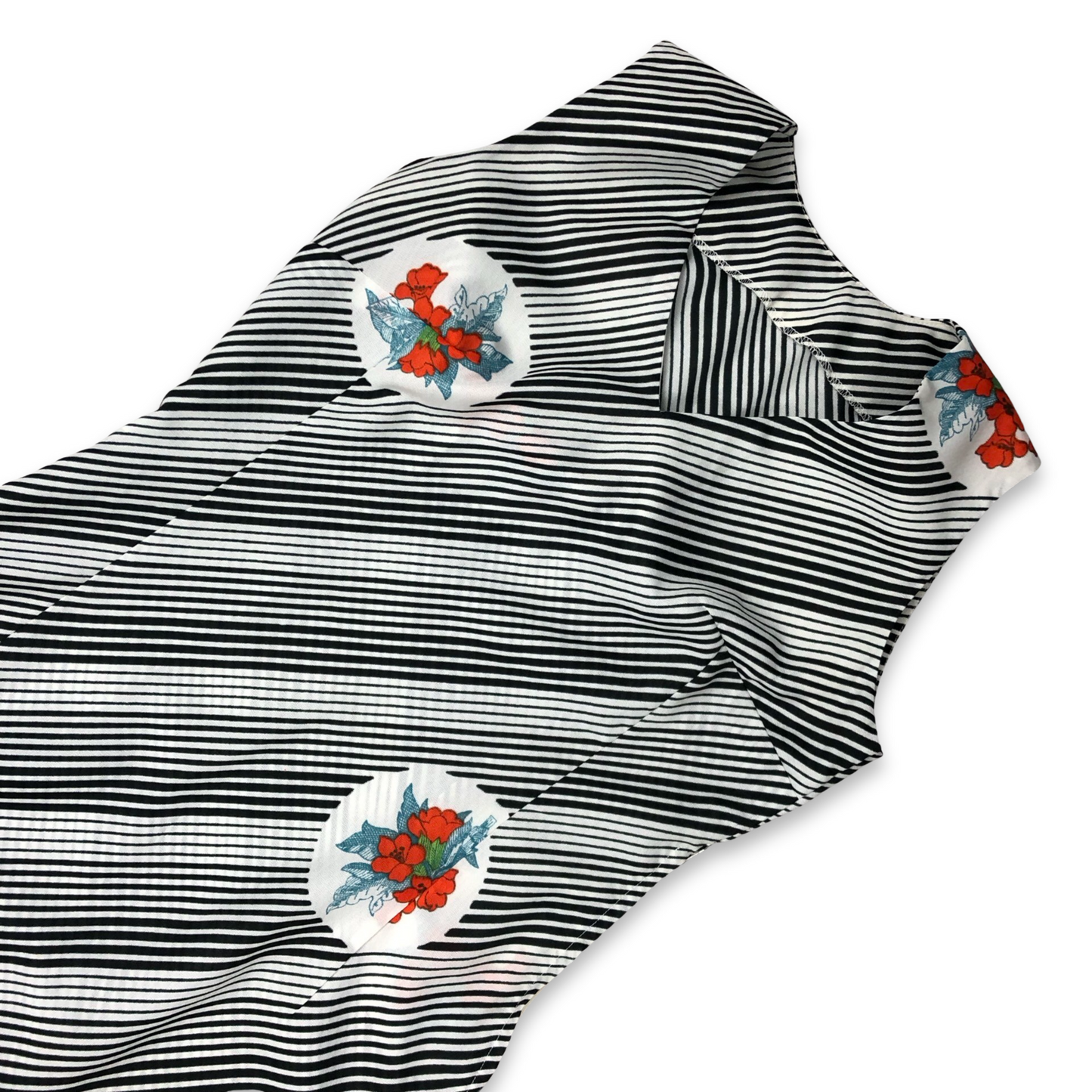 Vintage 70s Maxi Dress Black and White Striped Floral Print 10