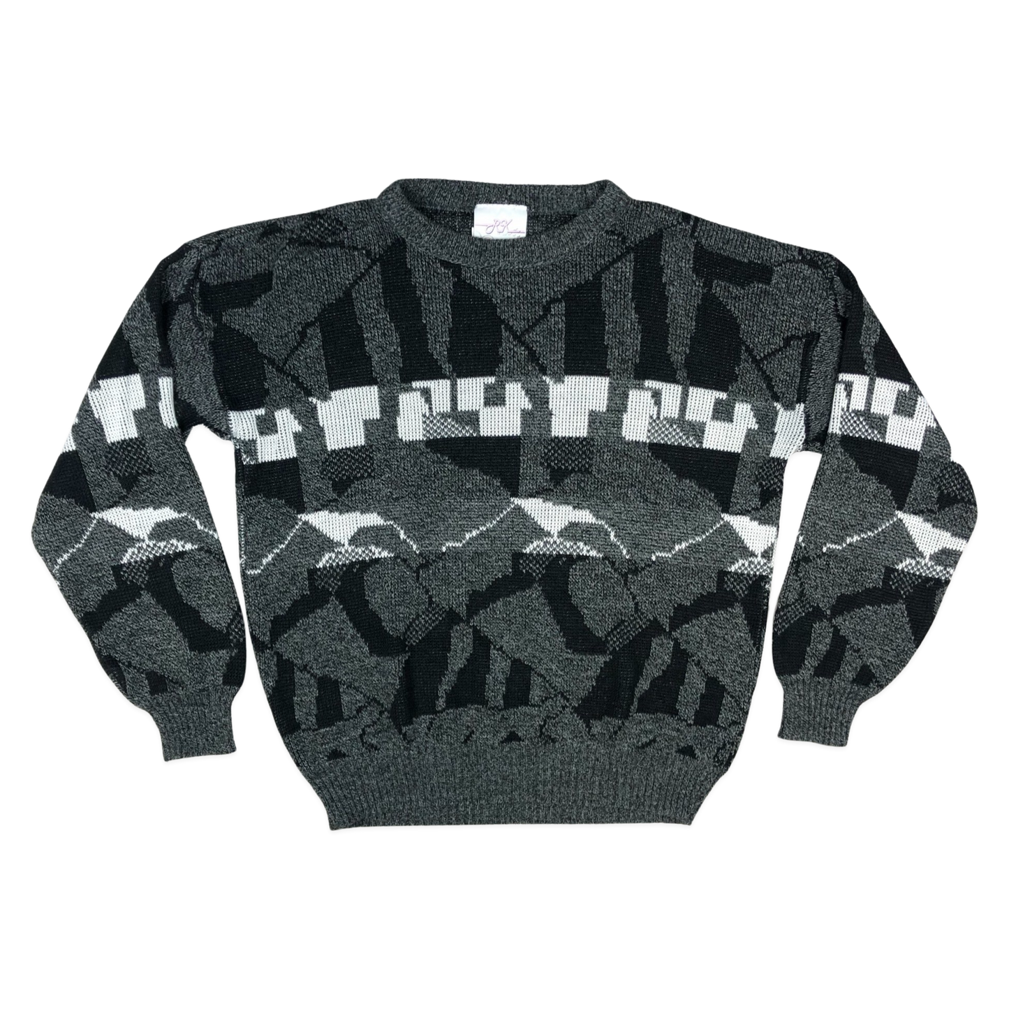 Vintage 80s Abstract Grey Patterned Knit Jumper L