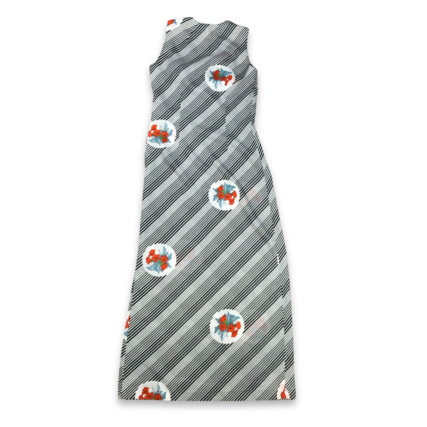 Vintage 70s Maxi Dress Black and White Striped Floral Print 10