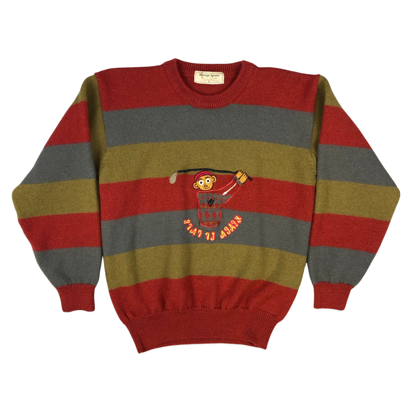 Vintage 80s Striped Orange, Green, and Grey Knit Jumper M