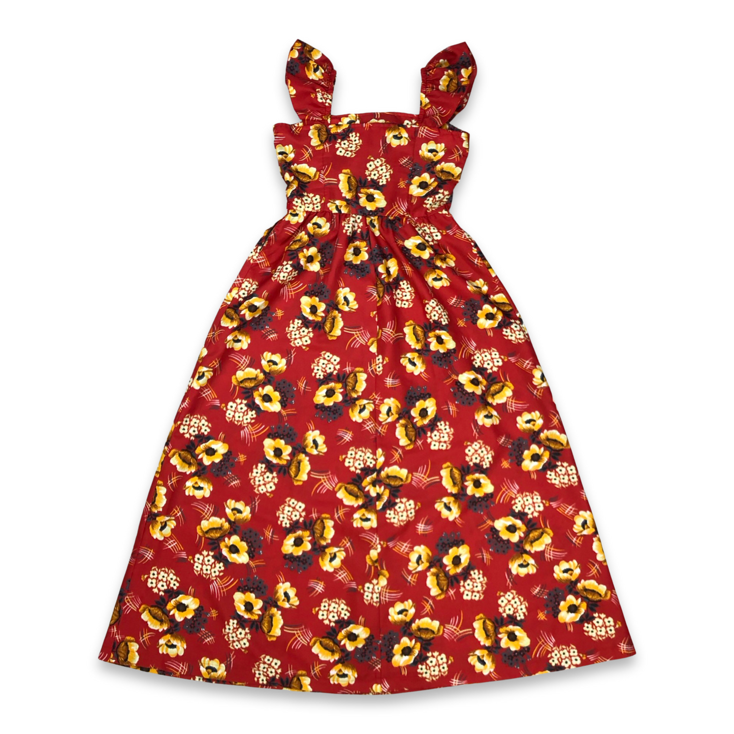 Vintage 70s Red Floral Print Smock Style Maxi Dress 6