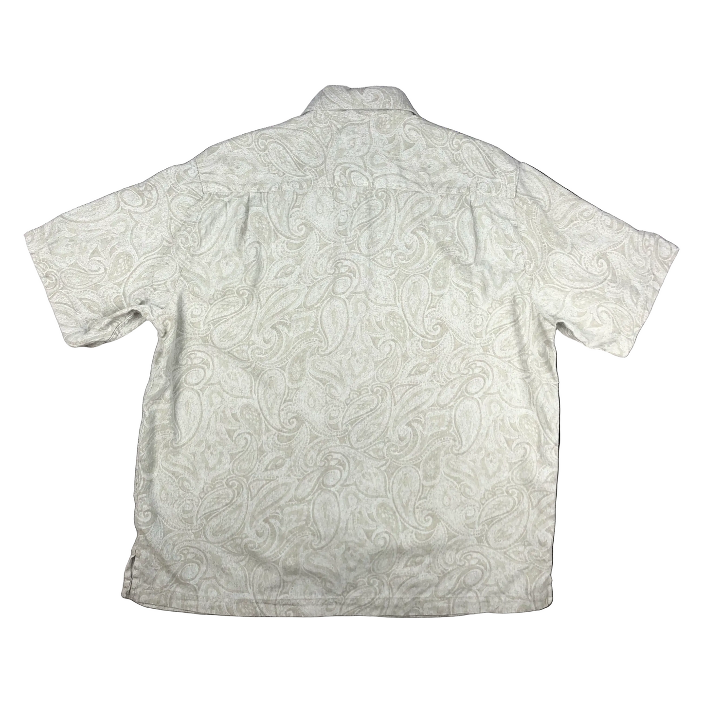 Vintage Beige Paisley Print Silk Short Sleeve Shirt Coconut Buttons L