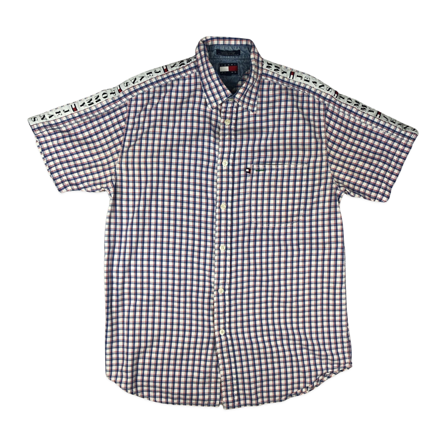 Vintage 90s Tommy Jeans White, Blue, and Red Plaid Shirt M