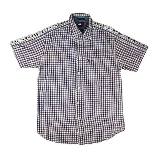 Vintage 90s Tommy Jeans White, Blue, and Red Plaid Shirt M