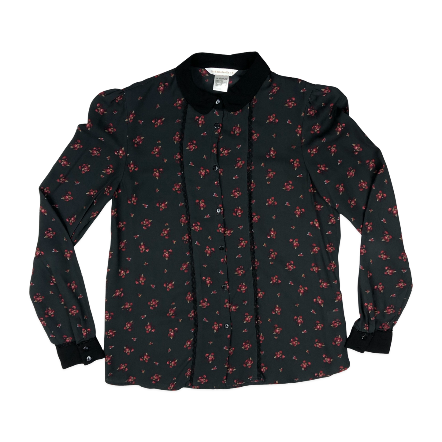 Vintage 90s Y2K Black Floral Print Blouse 8