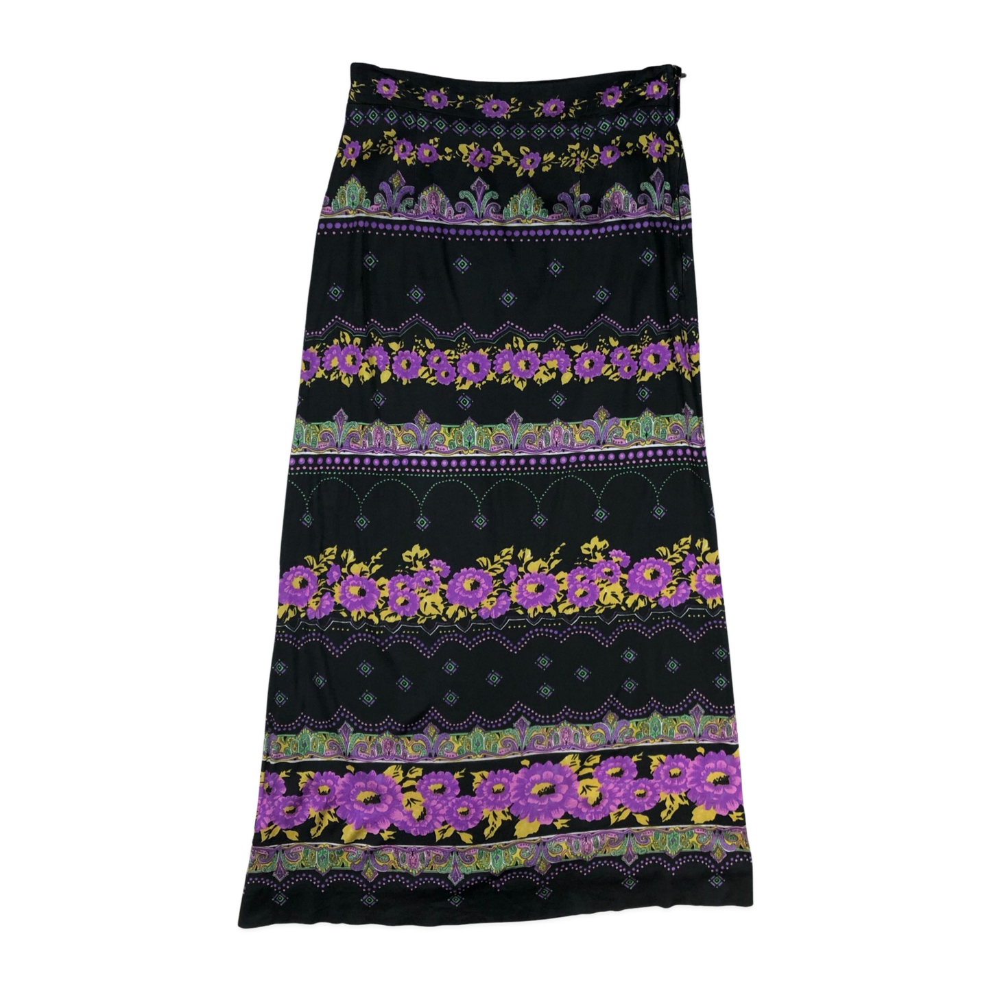 Vintage 60s 70s Black Floral Long Maxi Skirt 10