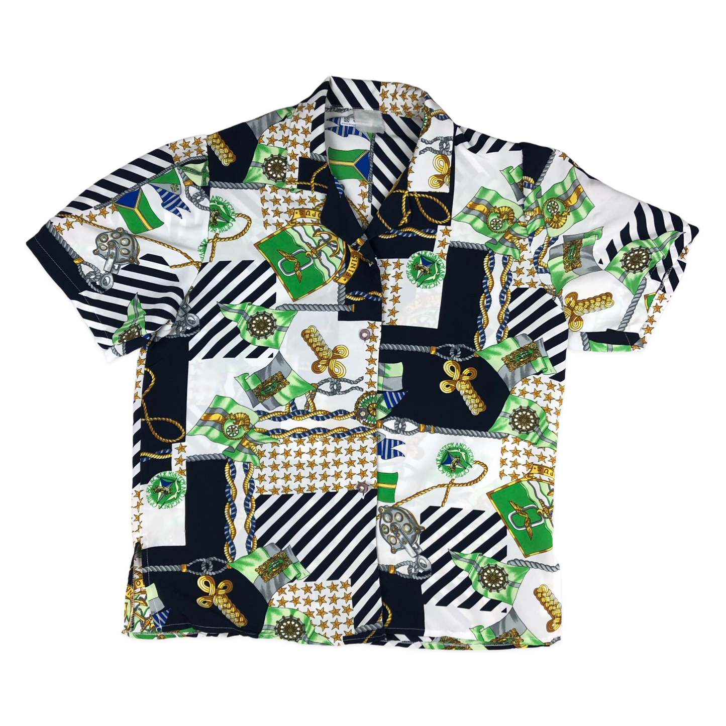 Vintage 80s Navy Green and Gold Abstract Print Blouse 16