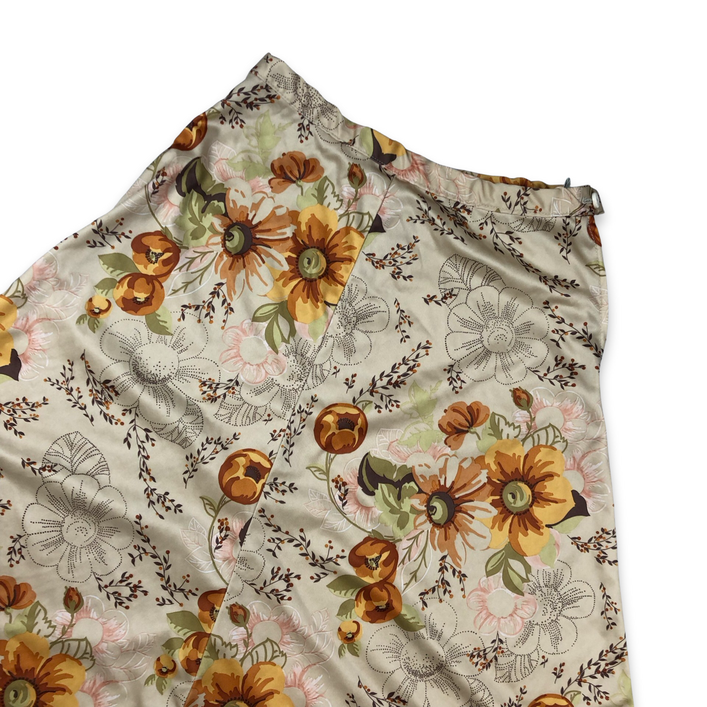Vintage 70s Cream Green and Orange Floral Print A Line Midi Skirt 8