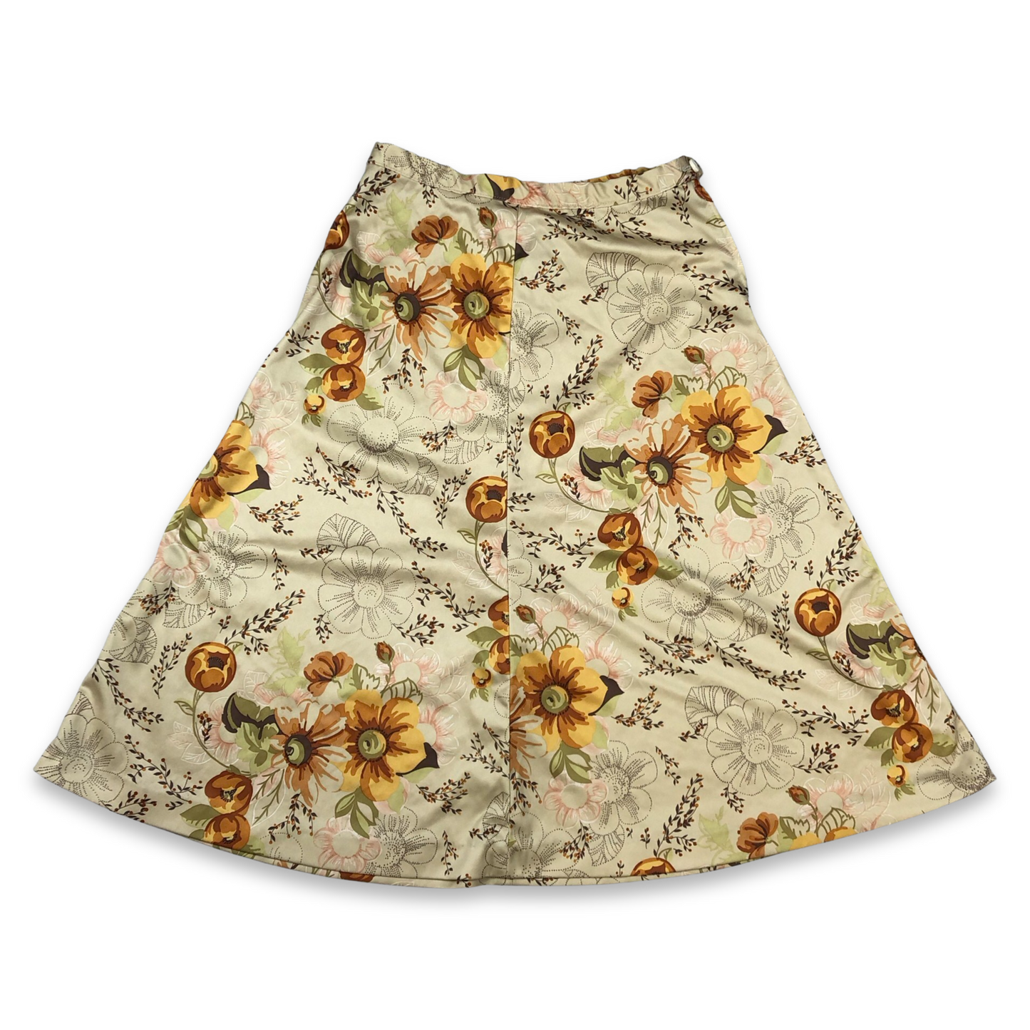 Vintage 70s Cream Green and Orange Floral Print A Line Midi Skirt 8
