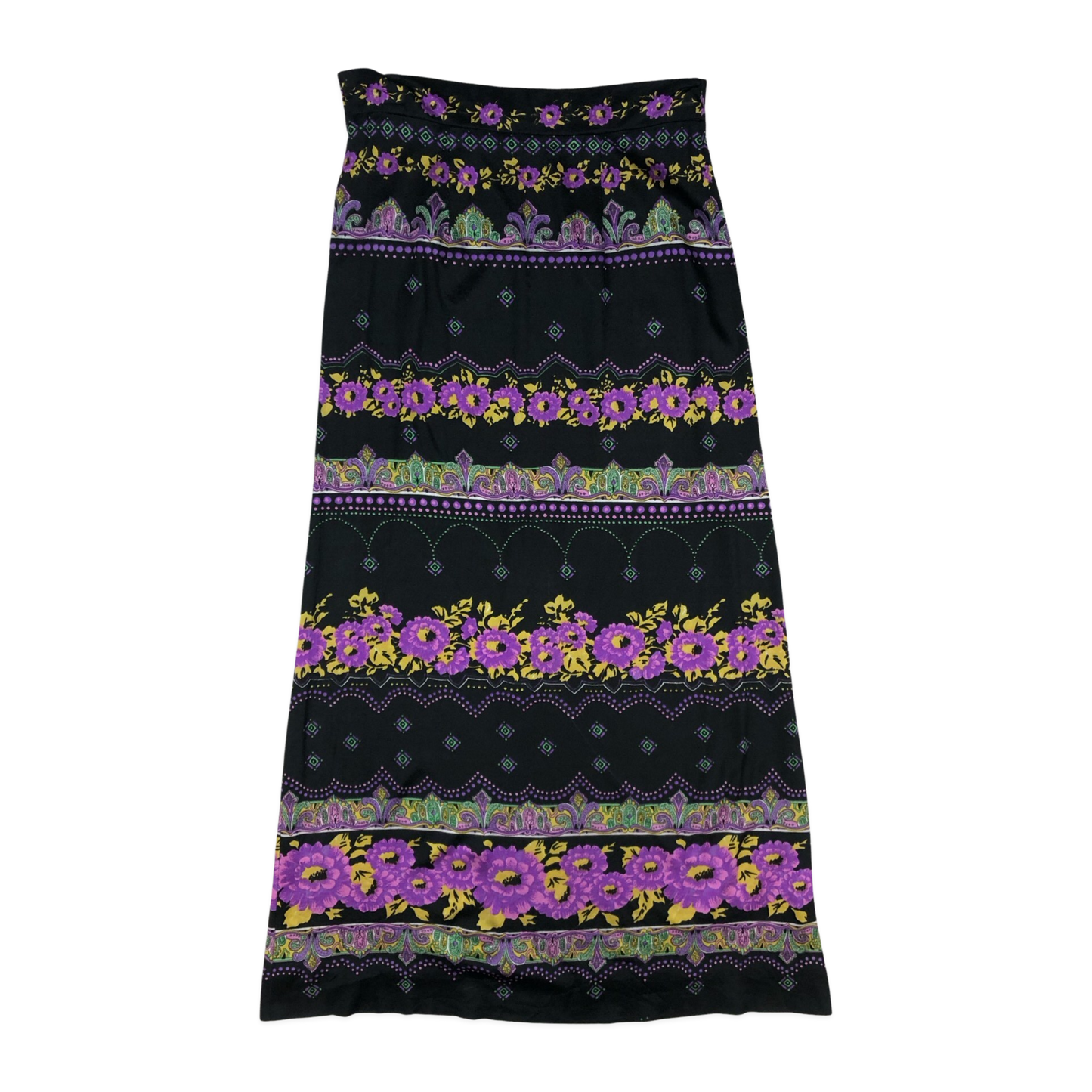 Vintage 60s 70s Black Floral Long Maxi Skirt 10