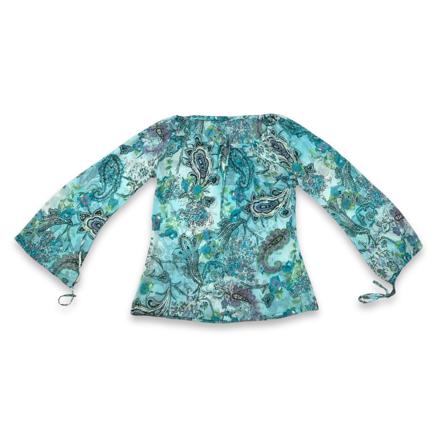 Vintage Y2K Turquoise Paisley Print Long Sleeve Mesh Top 10 12