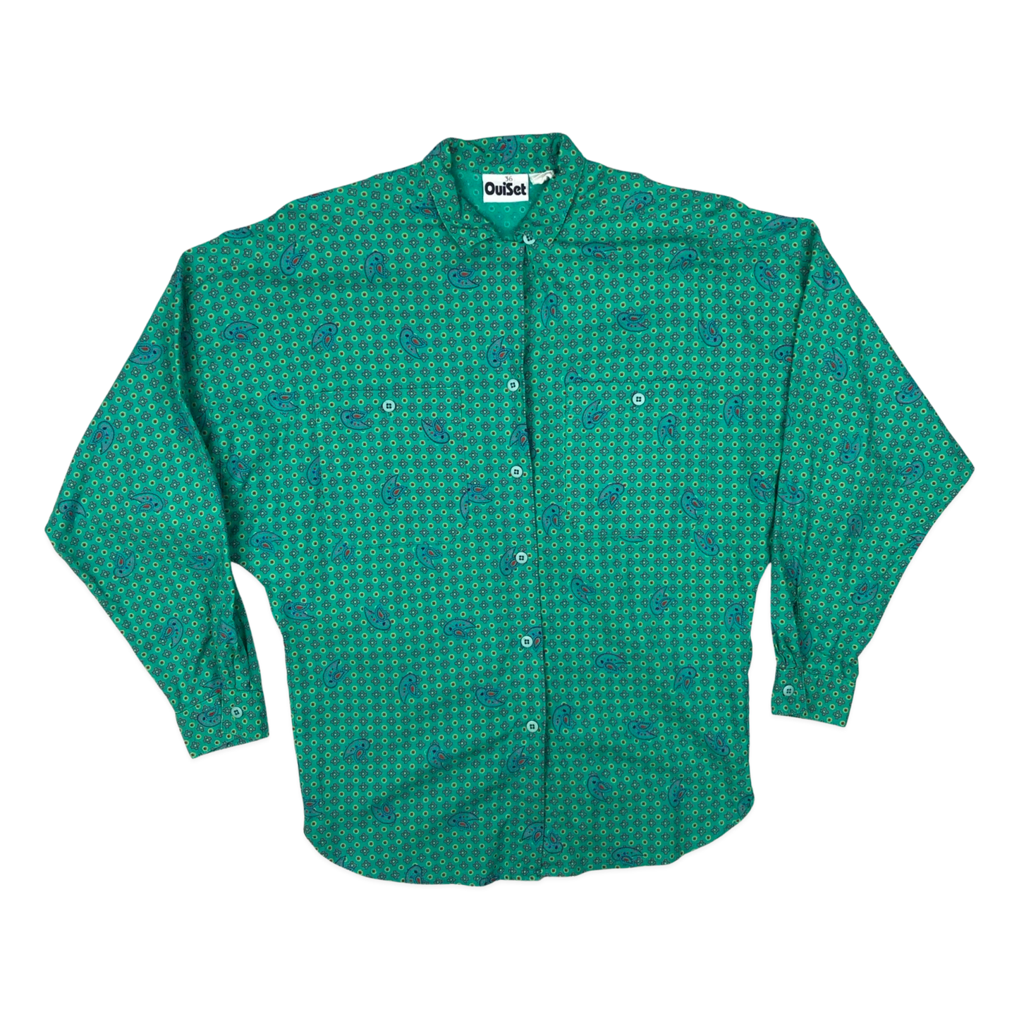 Vintage 80s 90s Teal Abstract Print Blouse 16
