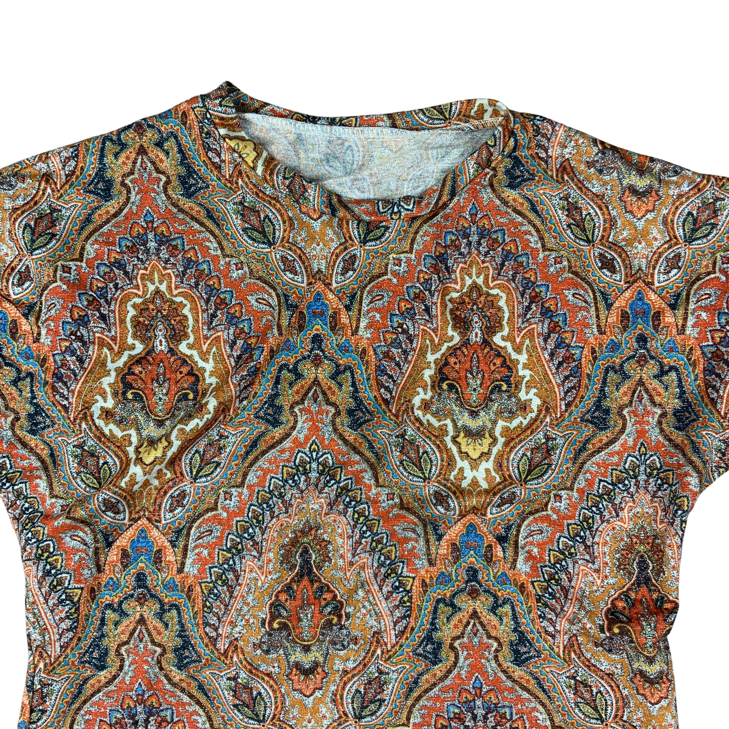 Vintage Orange Brown Green Paisley Pattern Lurex Crop Top 12 14