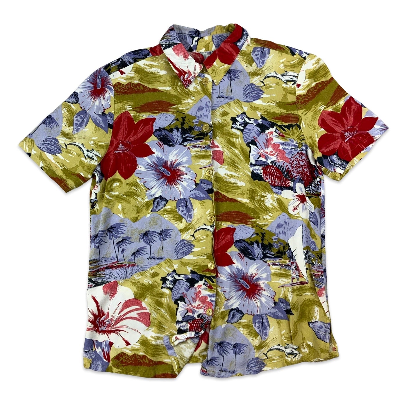 Yellow Lilac & Red Abstract Print Hawaiian Blouse 14 16