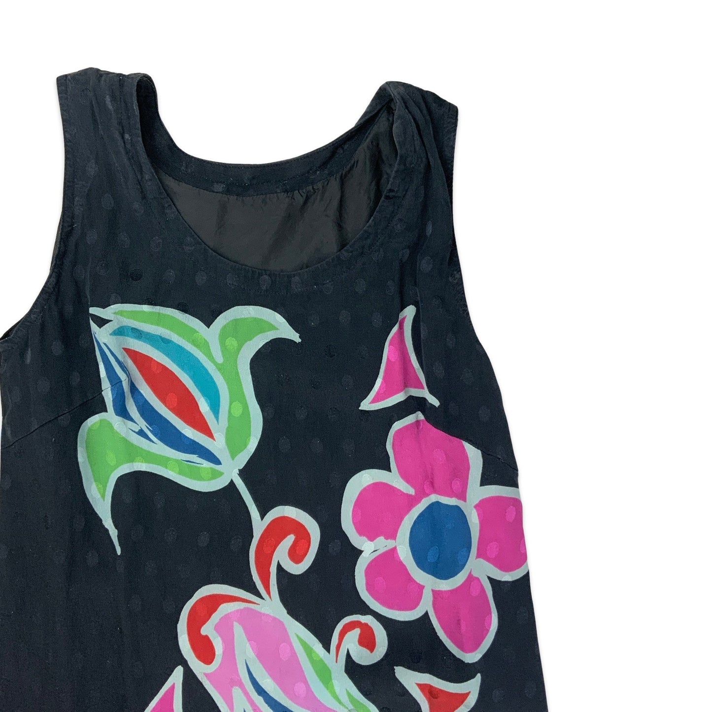 Vintage Black & Multicolour Floral Print Sleeveless Shift Dress 8 10