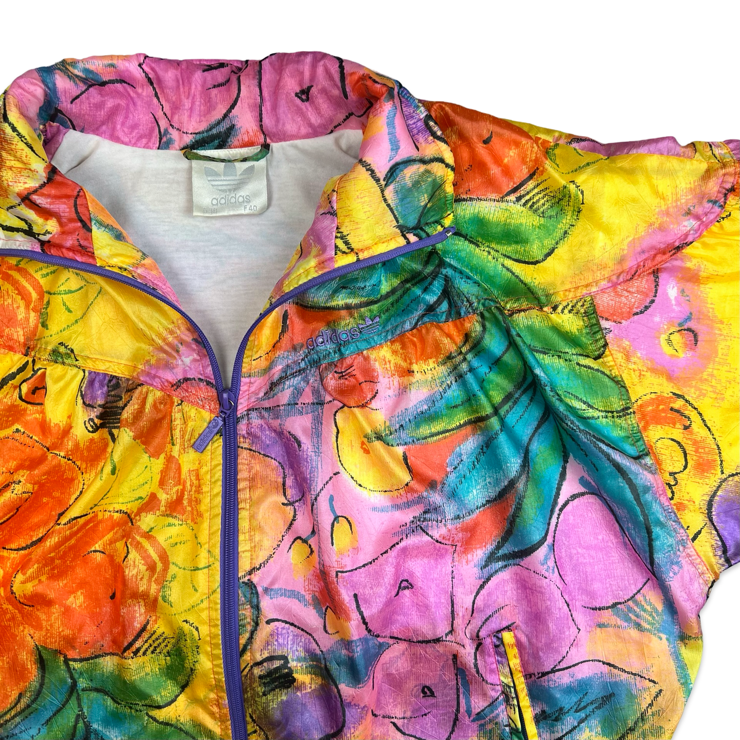 Vintage 90s Adidas Bright Pink Yellow Orange Crazy Pattern Shell Bomber Jacket 10