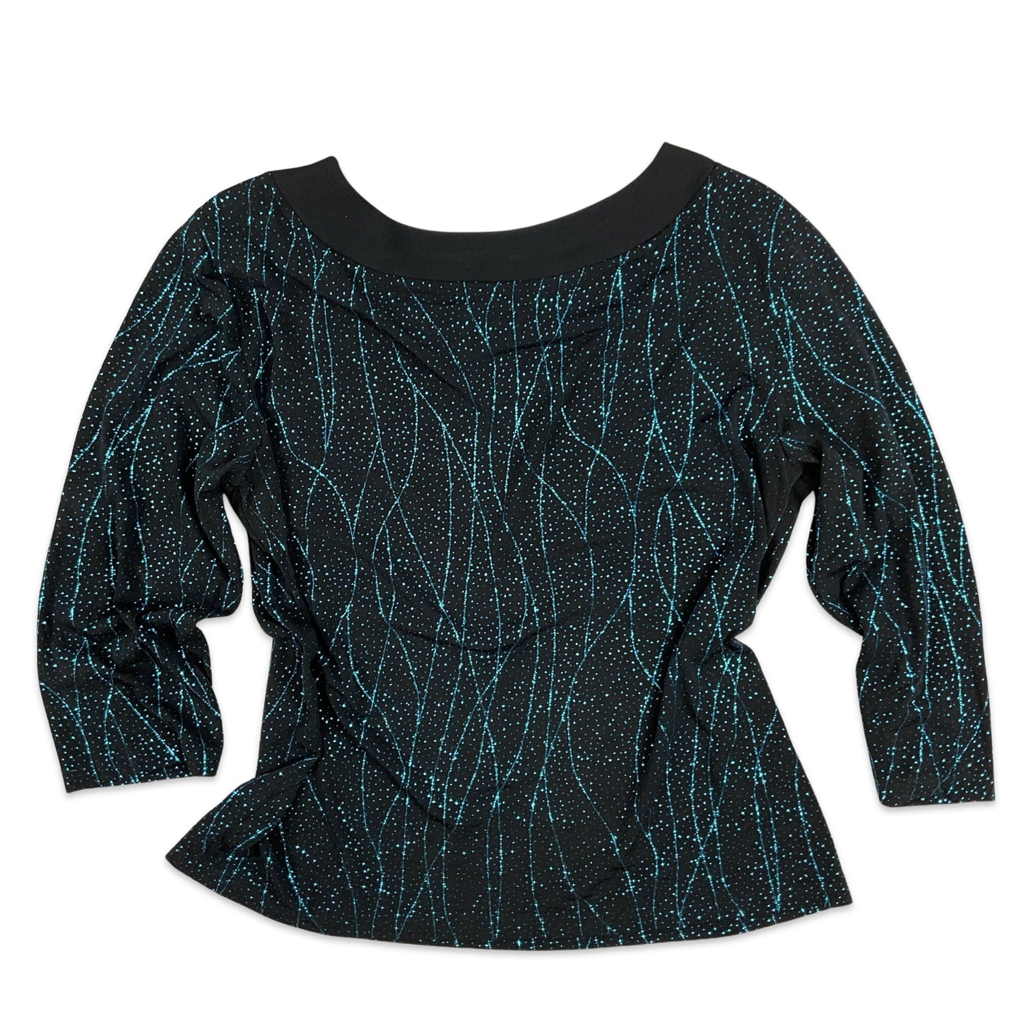 VTG Blue Black Metallic Shimmer 3/4 Sleeve Disco Top 10 12 14