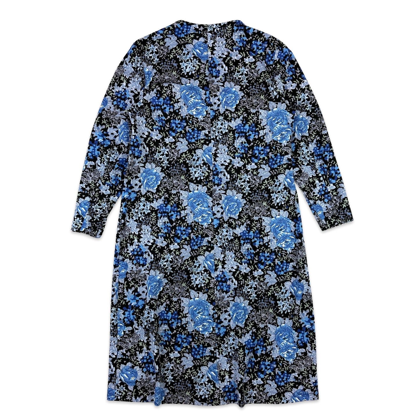 70s Vintage Blue Floral Long Sleeved Midi Occasion Dress 14
