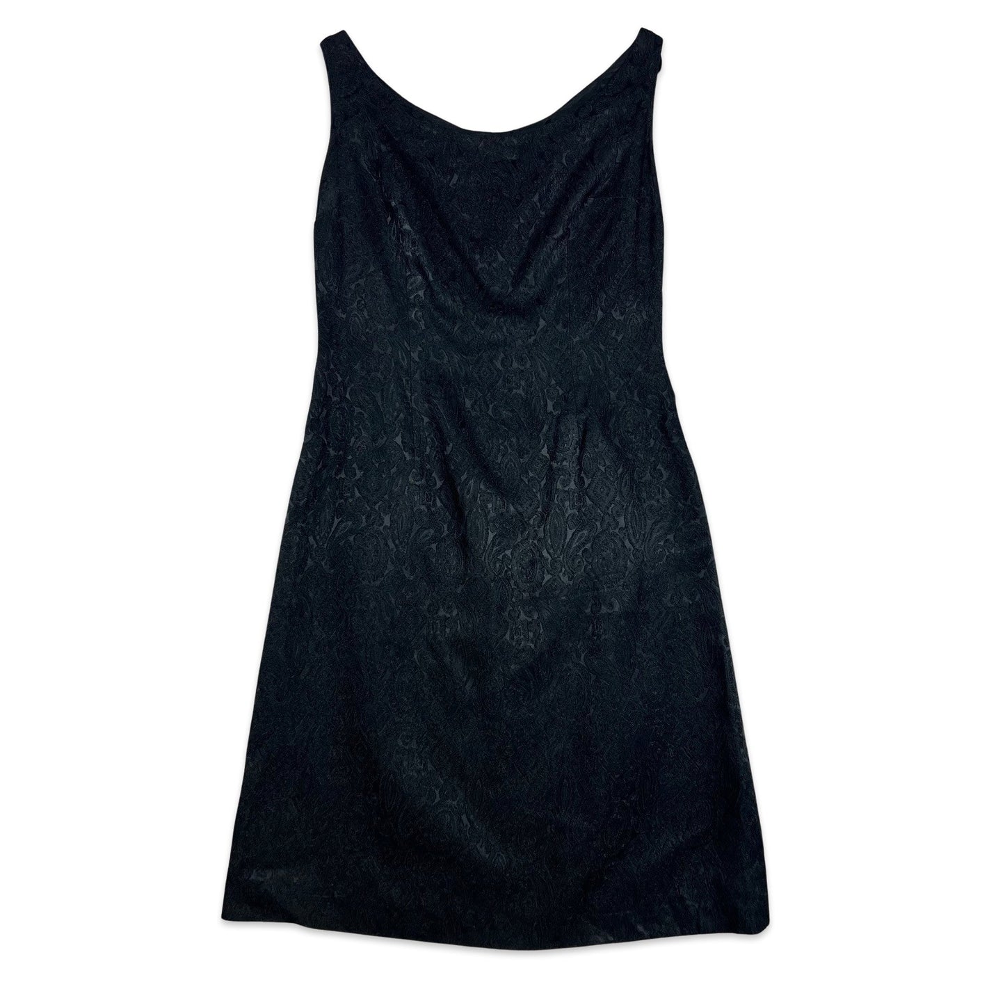 Vintage 60s Black Brocade Patterned Shift Dress 8 10 12