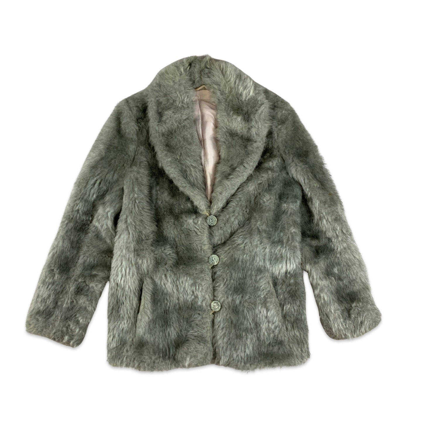Vintage Y2K Silver Grey Faux Fur Coat 10 12 14