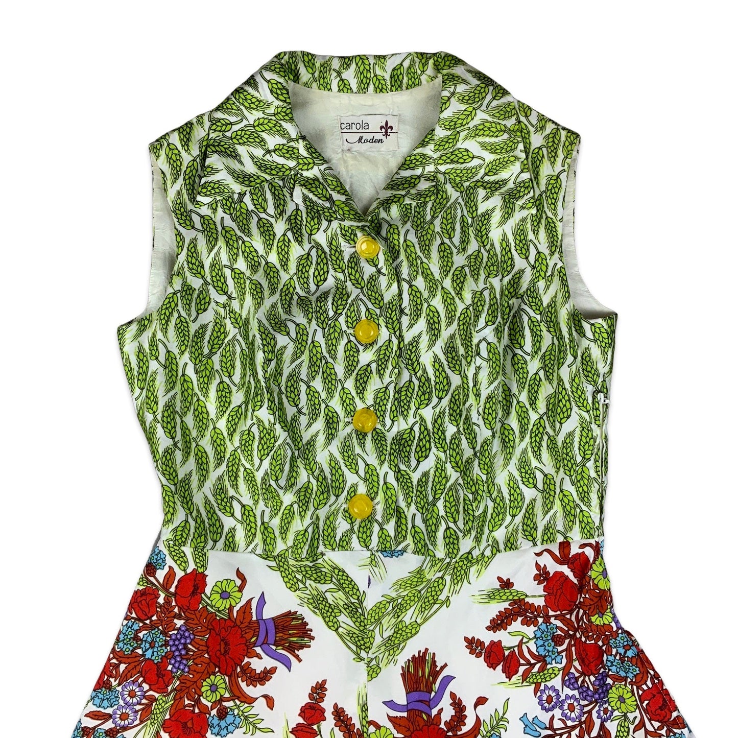 Vintage 70s White Green Red Blue Floral Print Collared A-Line Dress 12 14