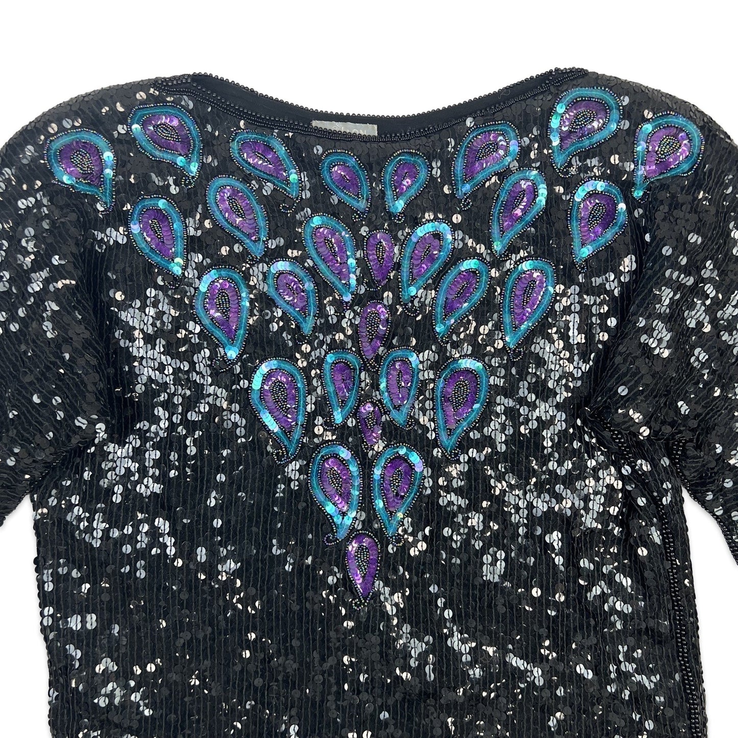 Vintage 80s Boxy Oversized Sequin Blouse Black Purple Blue 8 10 12