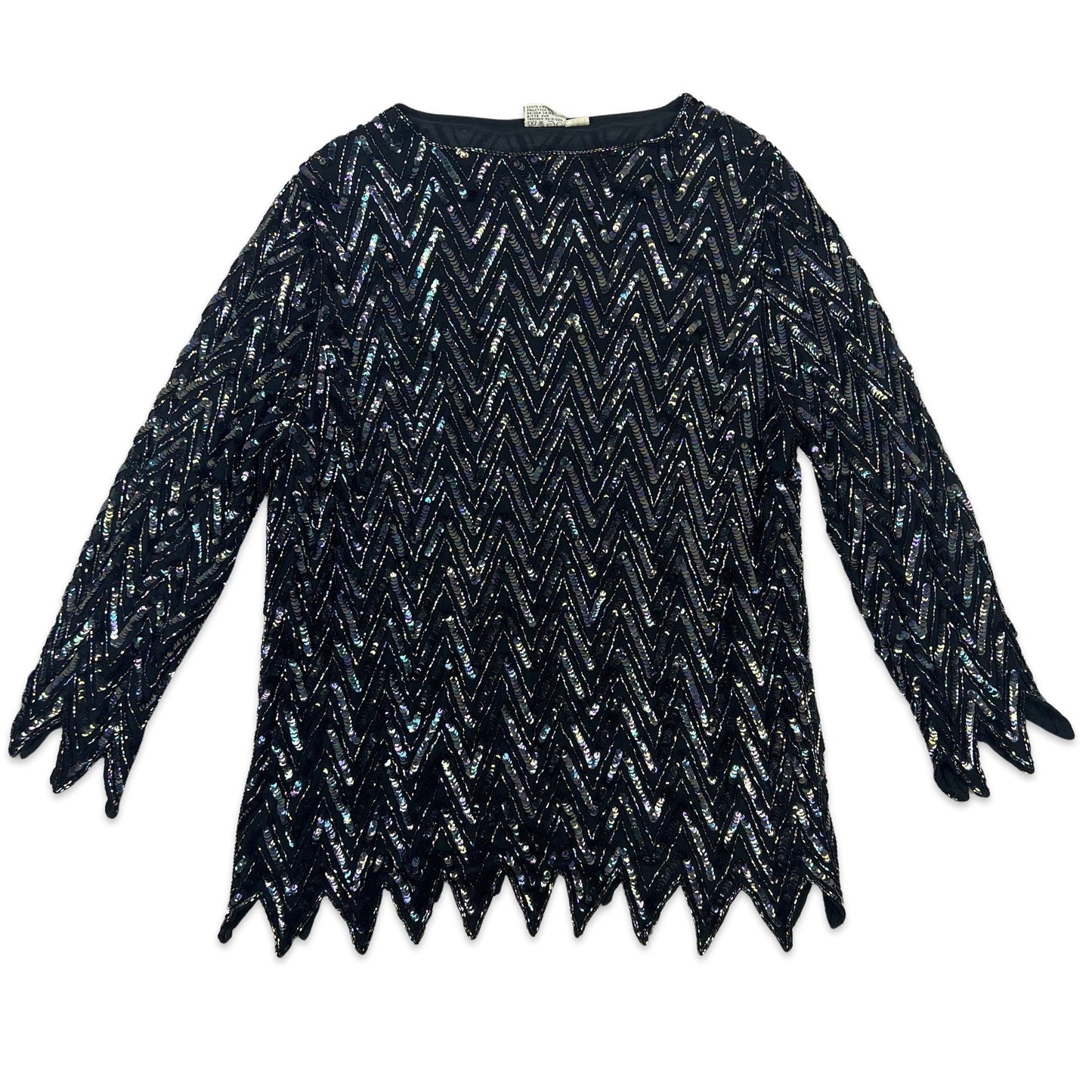 Vintage Chevron Sequin Semi Sheer Blouse Black Purple 12 14