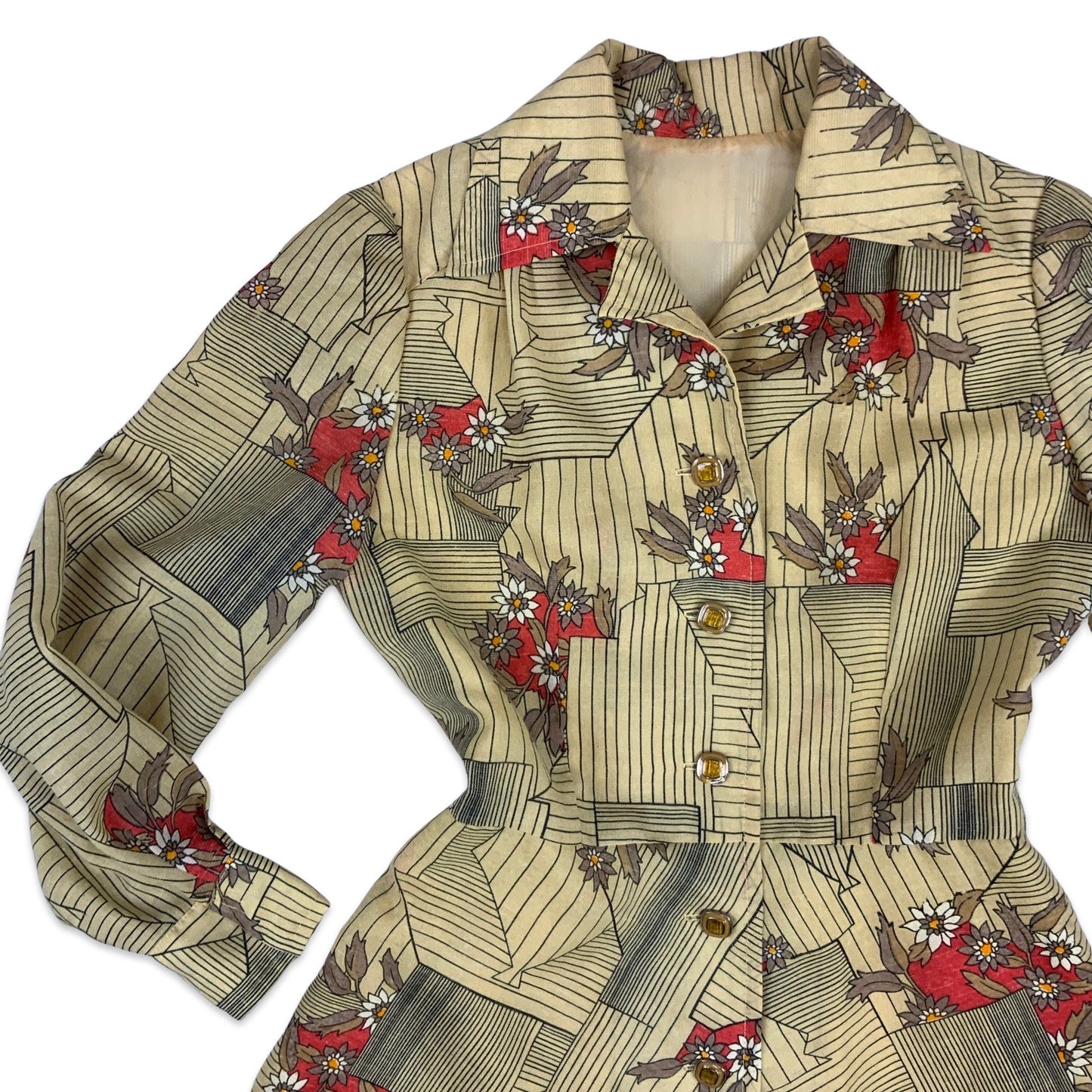 Vintage 70s Collared Fitted Floral Dress Beige Orange Brown 8 10