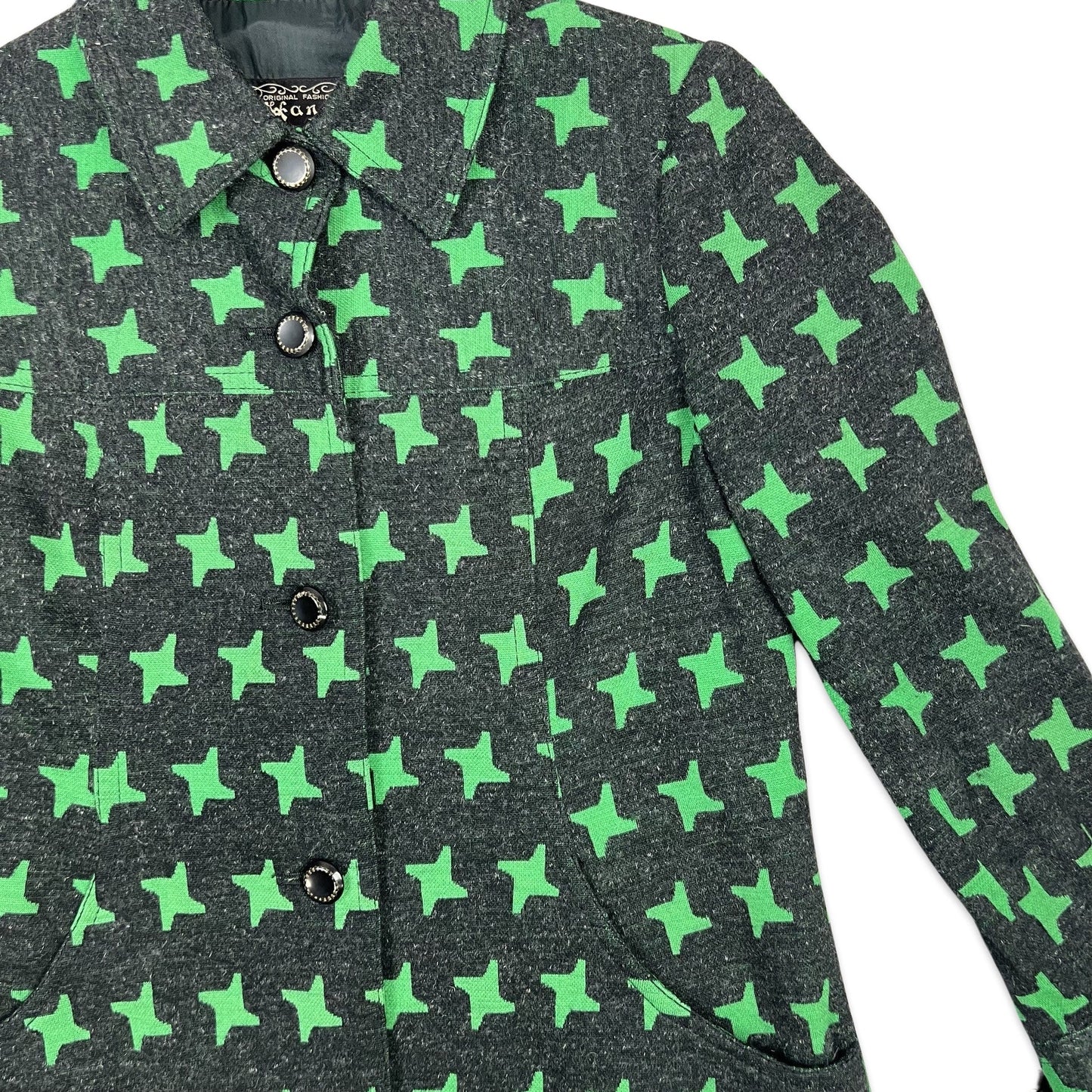 Patterned Midi Wool Coat Geometric Star Pattern Charcoal Green 8 10