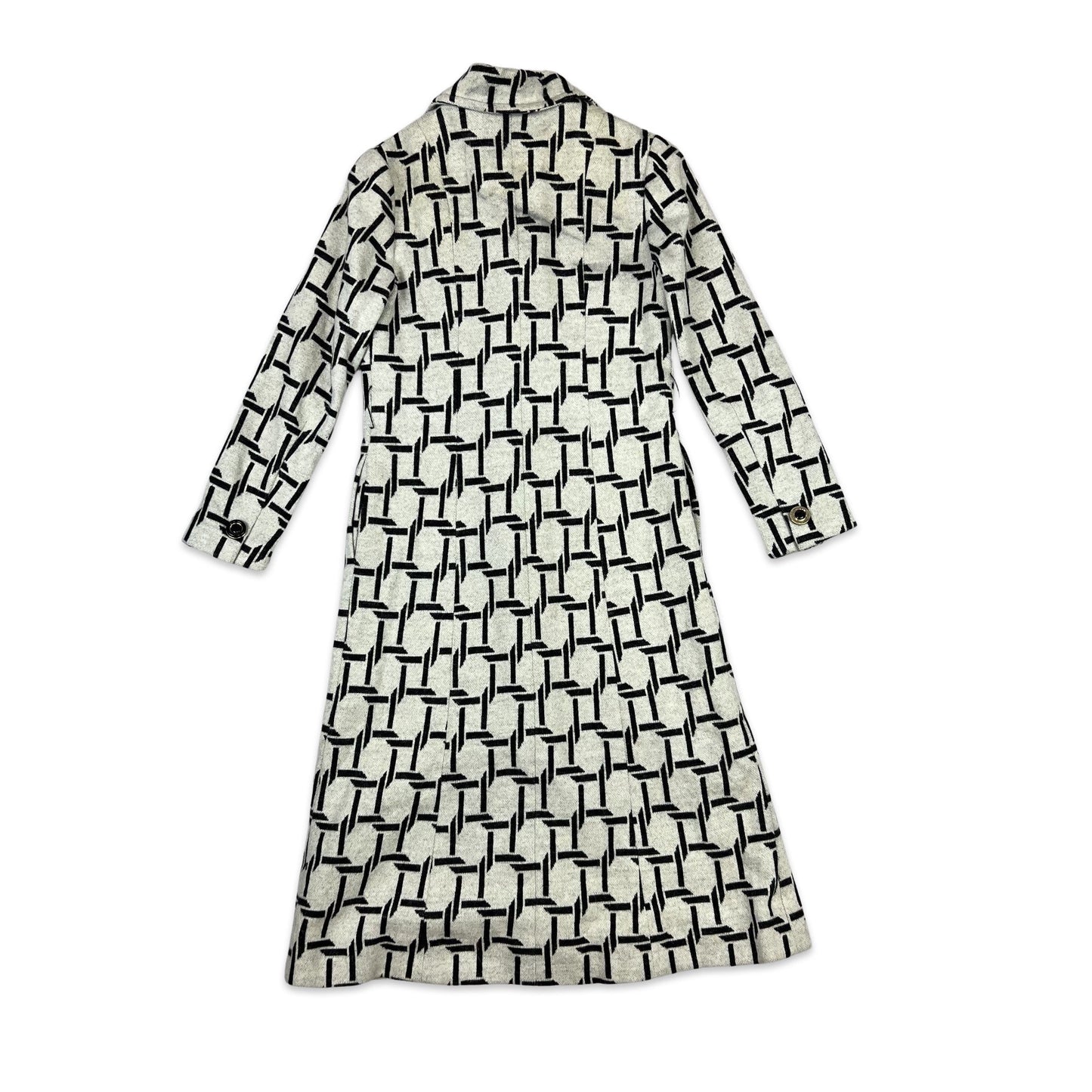 Vintage 90s Wool Midi Coat Geometric Print Light Grey Black 6 8