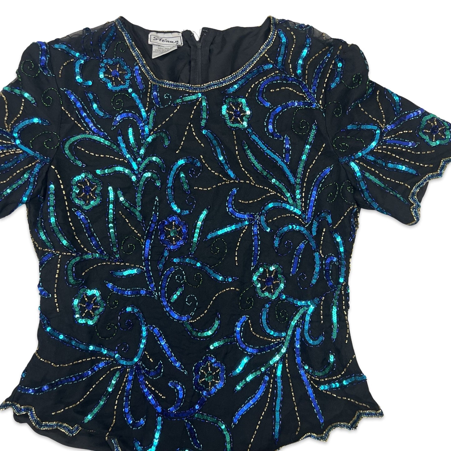 Vintage 80s Sequin Blouse Black Blue Green Gold 8 10