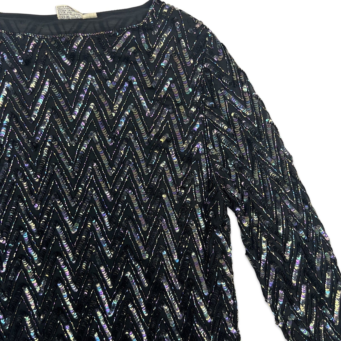 Vintage Chevron Sequin Semi Sheer Blouse Black Purple 12 14