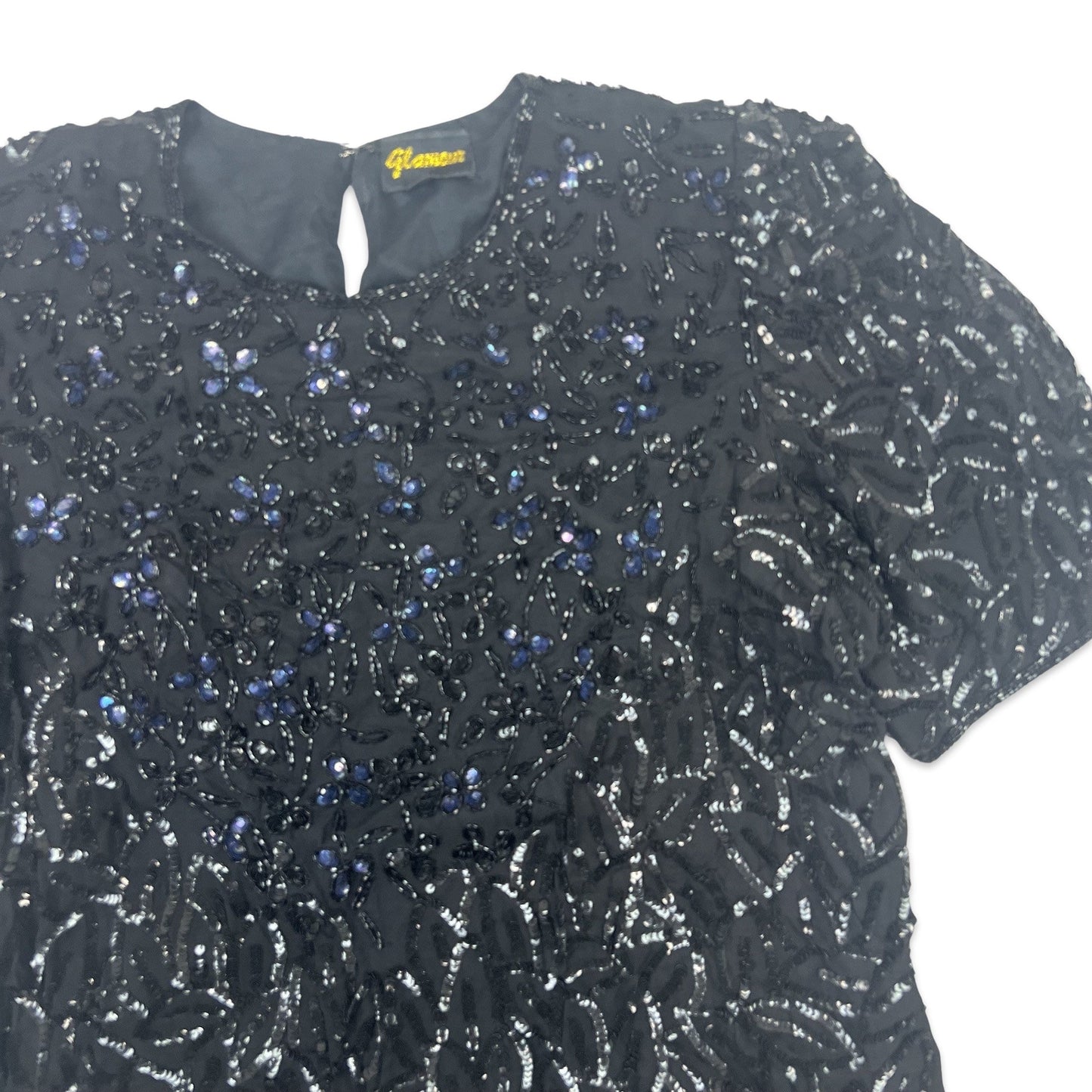 Vintage 80s Boxy Oversized Sequin Blouse Black Blue 12 14