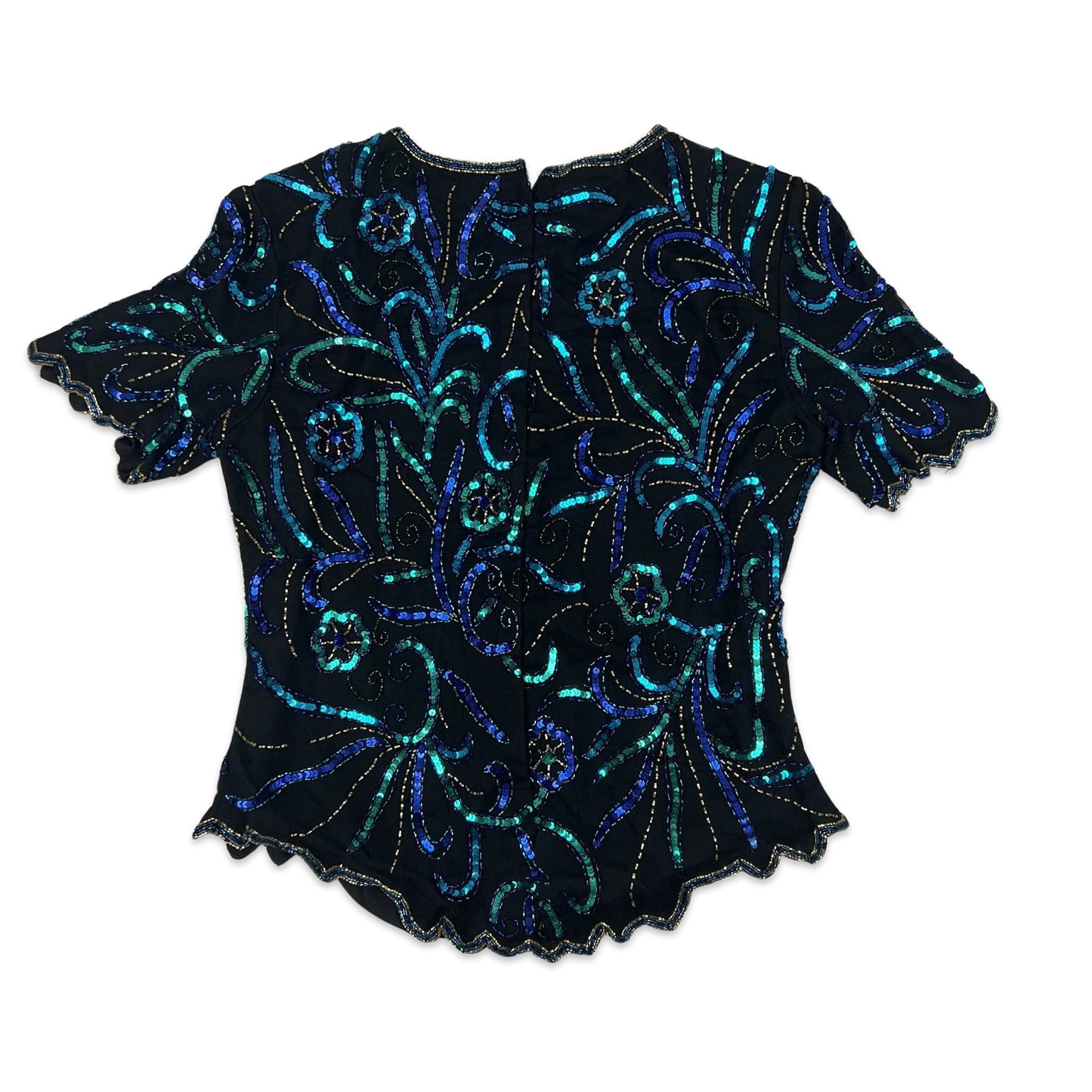 Vintage 80s Sequin Blouse Black Blue Green Gold 8 10