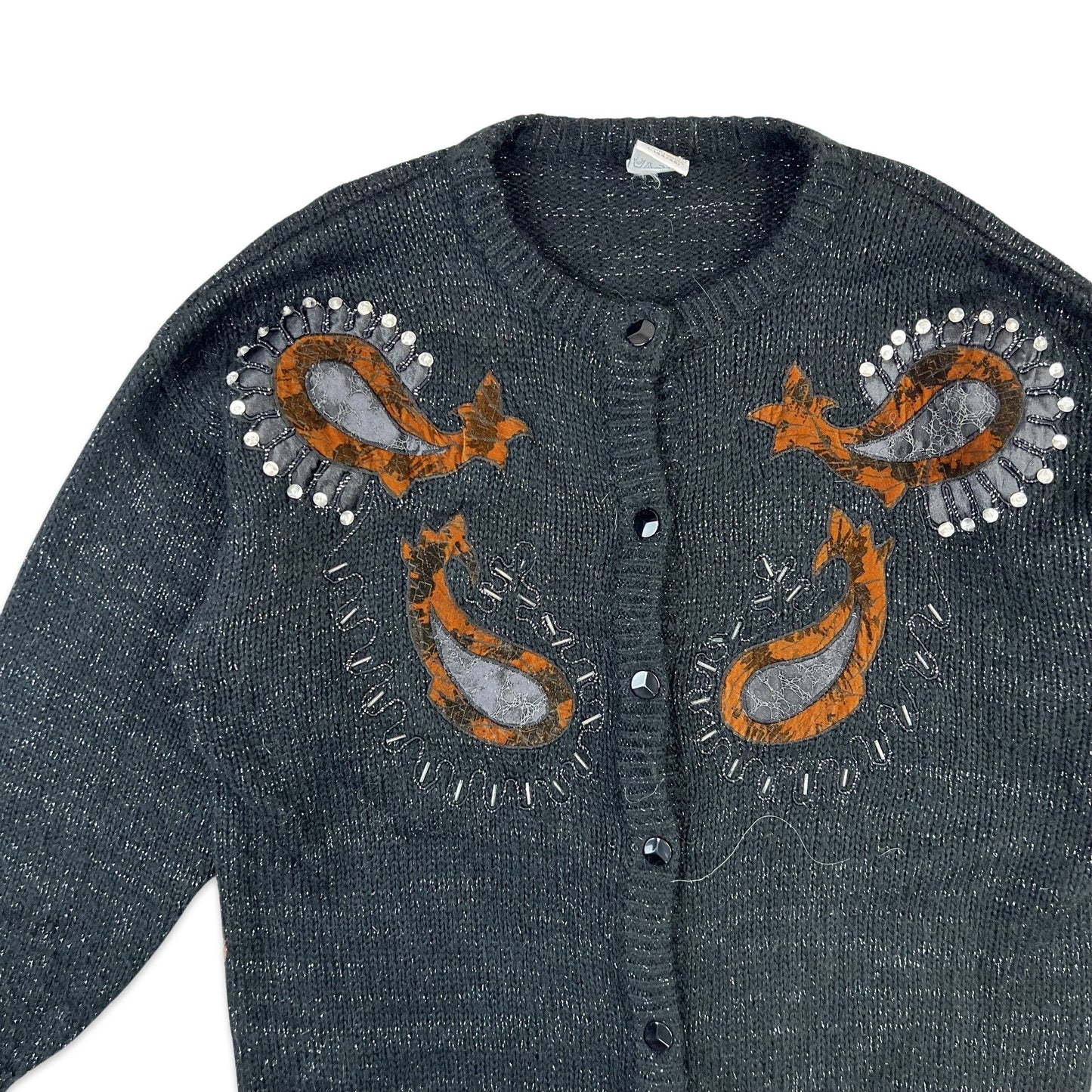 Vintage Mohair Cardigan Black Brown Embroidered Paisley 16 18